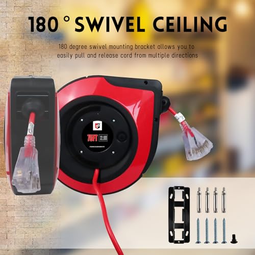EP Retractable Extension Cord Reel,75 Feet 14 AWG/3C SJTOW Heavy Duty Power Cord,10 AMP Circuit Breaker, 3-Lighted Triple Outlets,Ceiling or Wall Mount Use Indoor, Red - Image 3