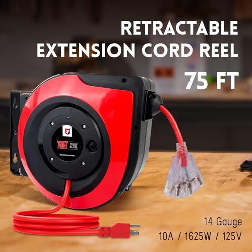 EP Retractable Extension Cord Reel,75 Feet 14 AWG/3C SJTOW Heavy Duty Power Cord,10 AMP Circuit Breaker, 3-Lighted Triple Outlets,Ceiling or Wall Mount Use Indoor, Red - Image 2