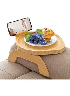 Sofa Arm Tray Table with 360° Rotating Phone Holder - Bamboo Clip-On Couch Armrest Table for Eating, Drinking, Snacking, and Remote Control