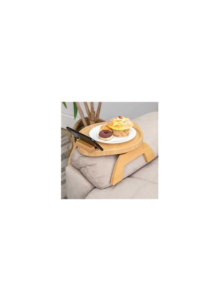 Arabest - Sofa Arm Tray Table with 360° Rotating Phone Holder - Bamboo Clip-On Couch Armrest Table for Eating, Drinking, Snacking, and Remote Control - Image 1