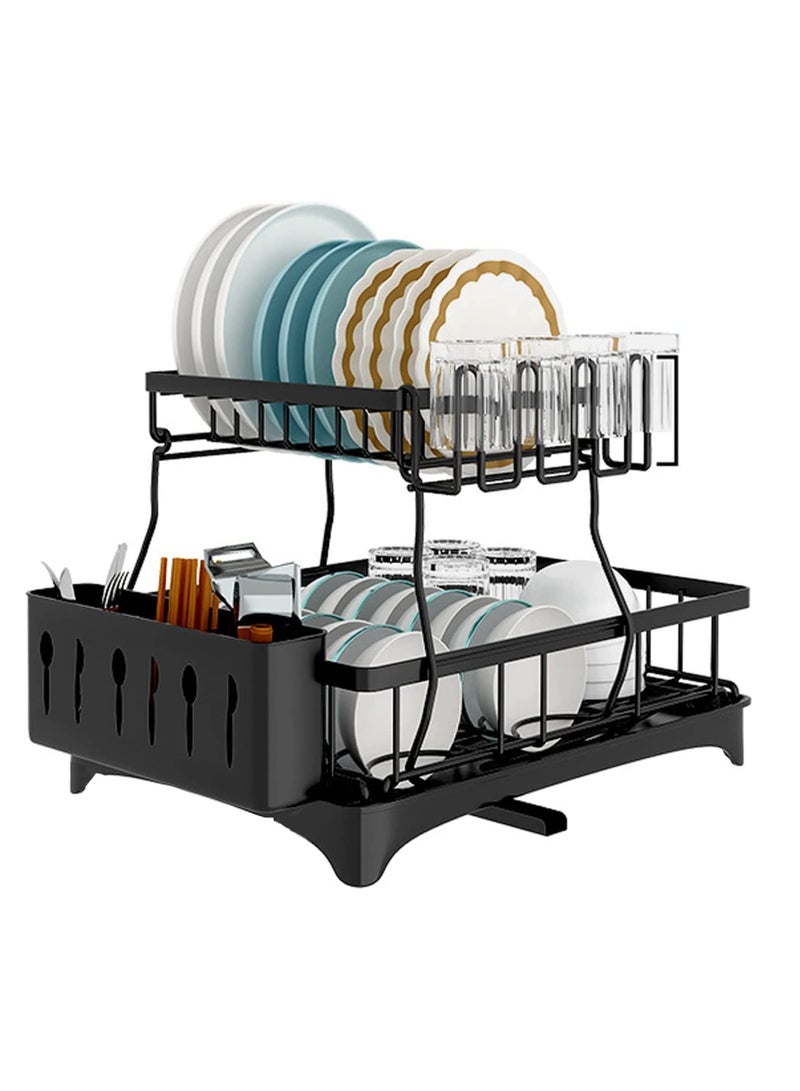 2 Tiers Large Kitchen Dish Rack Dish Drying Stand With Drainer and Removable Utensil Holder and Cup Holder - Image 1
