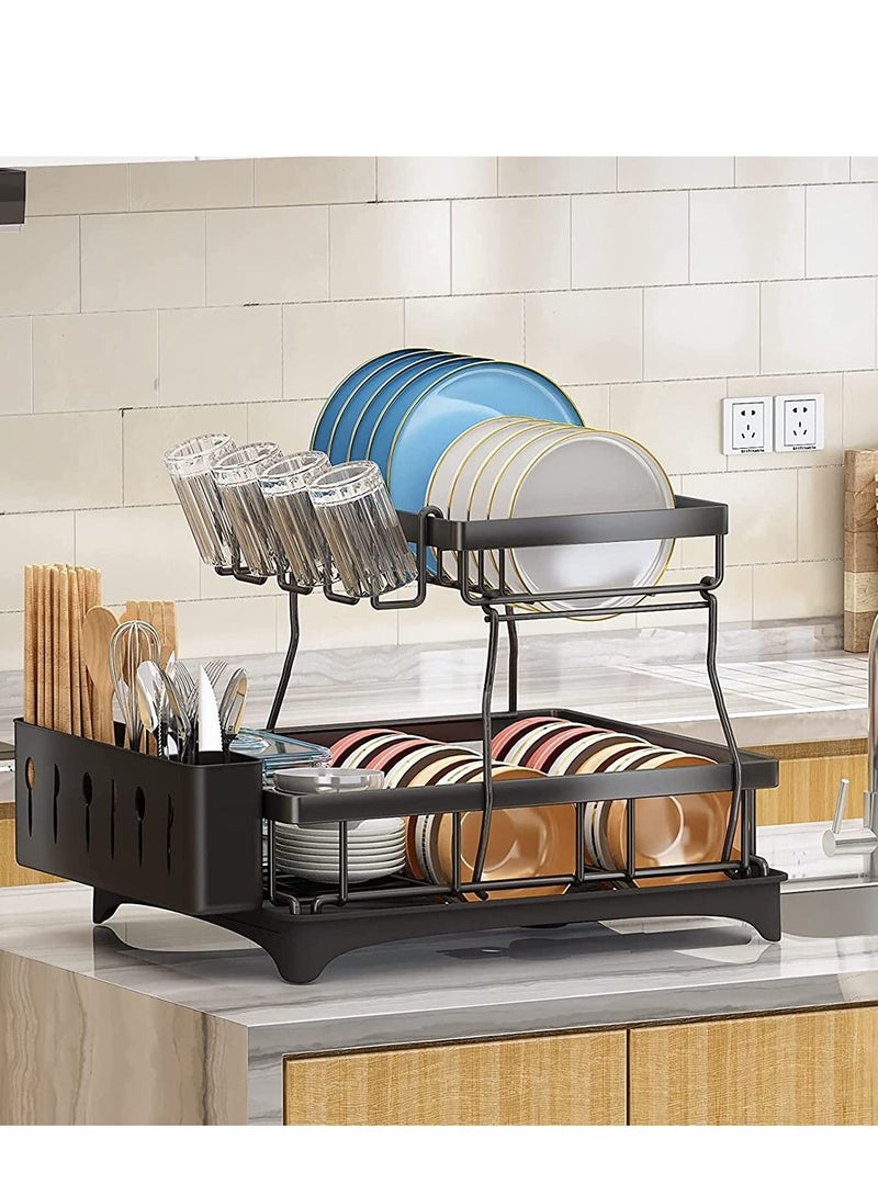 2 Tiers Large Kitchen Dish Rack Dish Drying Stand With Drainer and Removable Utensil Holder and Cup Holder - Image 5