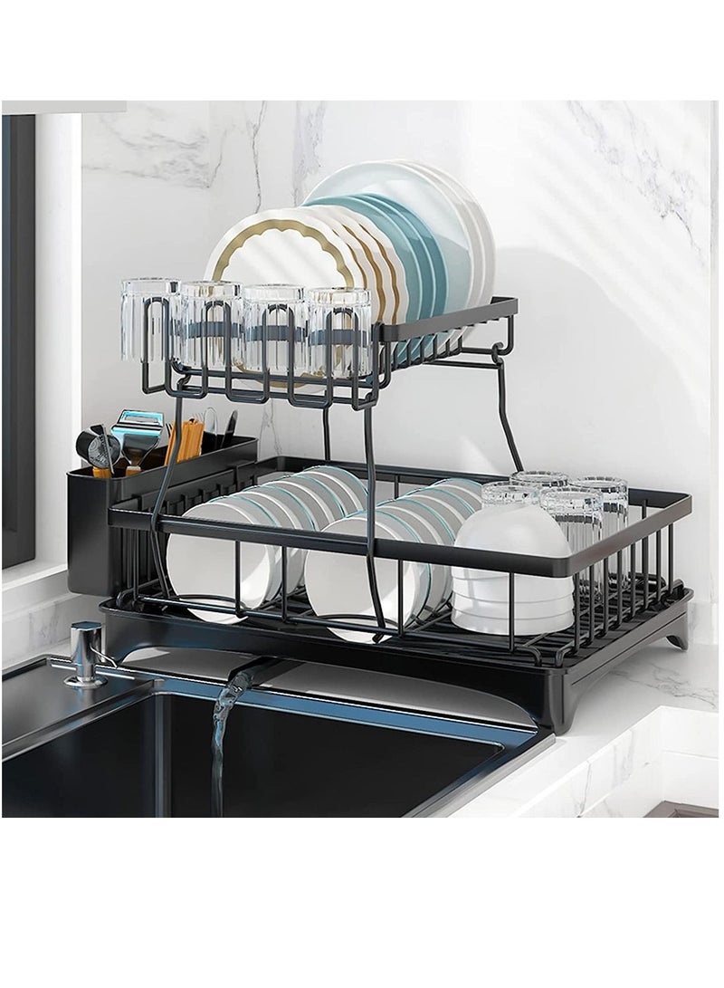 2 Tiers Large Kitchen Dish Rack Dish Drying Stand With Drainer and Removable Utensil Holder and Cup Holder - Image 2