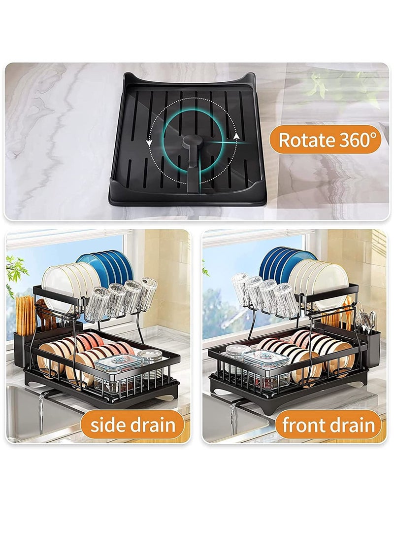 2 Tiers Large Kitchen Dish Rack Dish Drying Stand With Drainer and Removable Utensil Holder and Cup Holder - Image 4