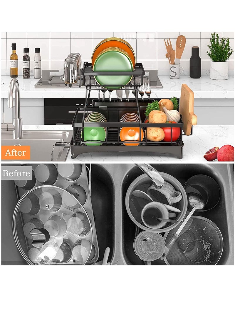 2 Tiers Large Kitchen Dish Rack Dish Drying Stand With Drainer and Removable Utensil Holder and Cup Holder - Image 3