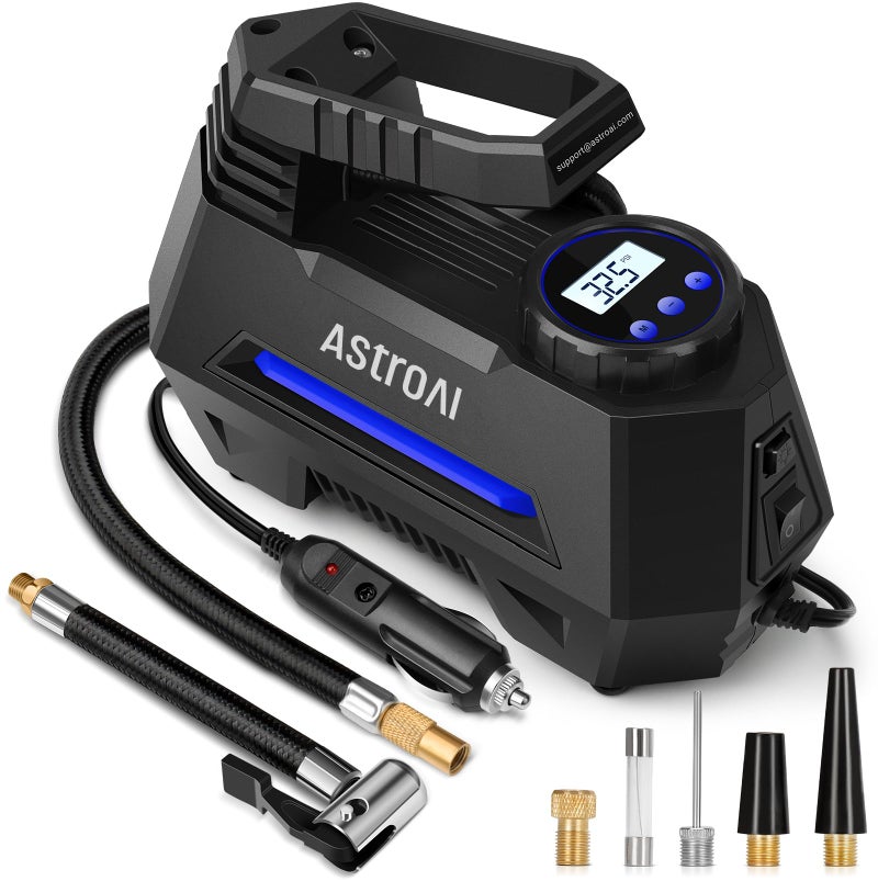 AstroAI Tire Inflator Portable Air Compressor Tire Air Pump for Car Tires Car Accessories 98Ft Cord12V DCPowered Auto Pump with Digital Pressure Gauge LED Light for Bicycle Balloons Blue