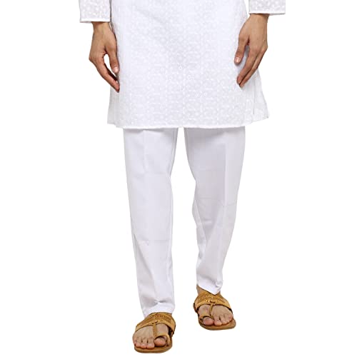 Royal Kurta Men's White Cotton Pant Style Pyjama 2 Side Pockets Easy Fly (2XL, White) - Image 1