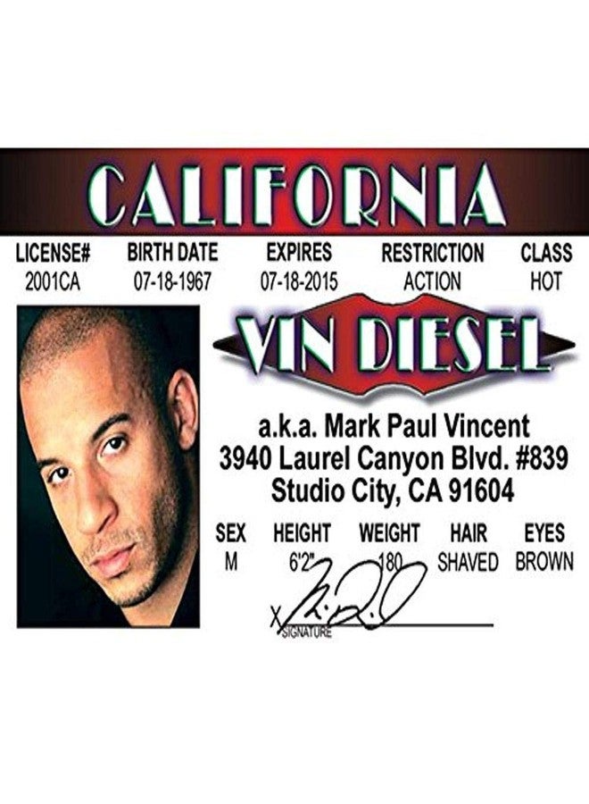 Signs 4 Fun Parody ID | Vin Diesel Driver’s License | Fake ID Novelty Card | Collectible Trading Card Driver’s License | Novelty Gift for Holidays | Made in The USA