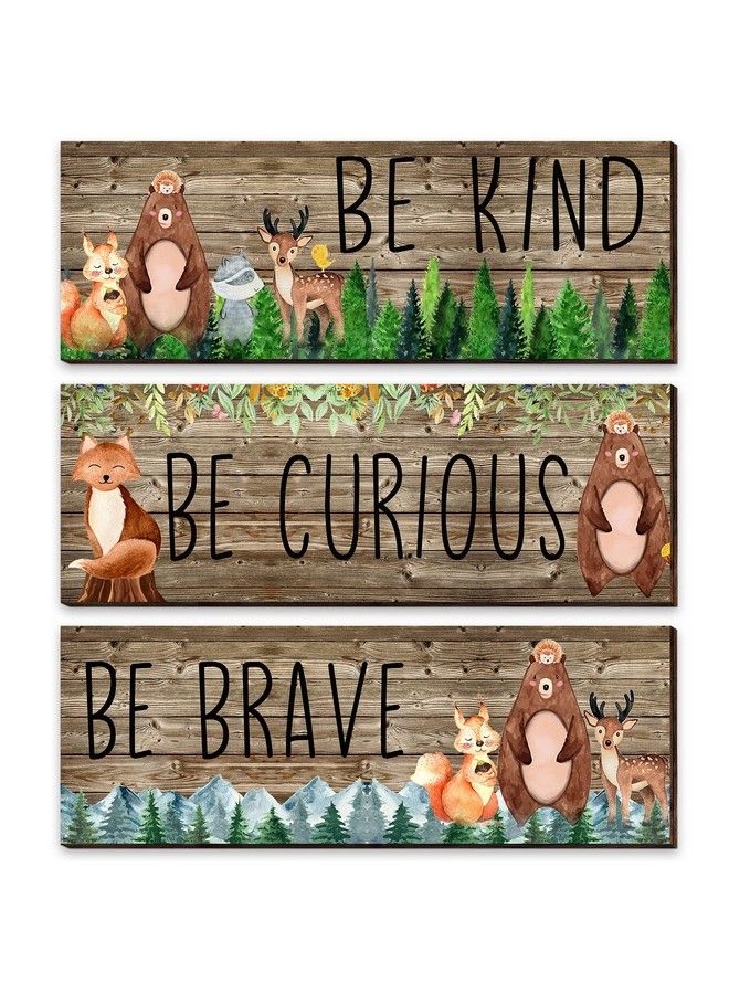 Jetec 3 Pcs Woodland Nursery Decor Safari Nursery Woodland Animals Themed Painting Wooden Be Kind Brave Curious Sign Framed Wall Art Forest Nursery Decor Inspirational Pictures For Baby Bedroom 11 X 4 Inch - Image 1