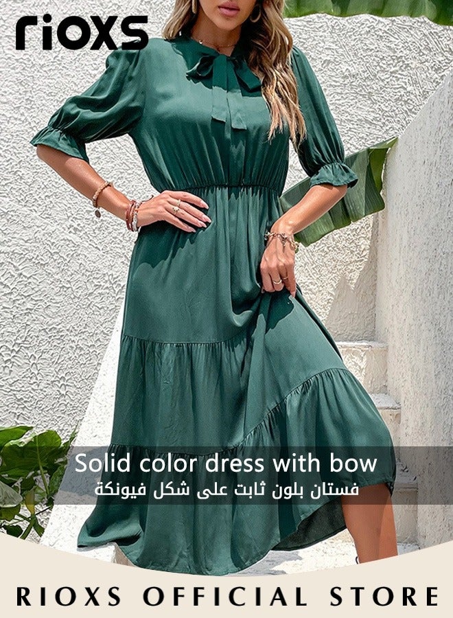 RIOXS Women's Summer Solid Color Holiday Dress Casual Loose Half Sleeve Bow Tie Dress for Party Beach Daily Wear - Image 5
