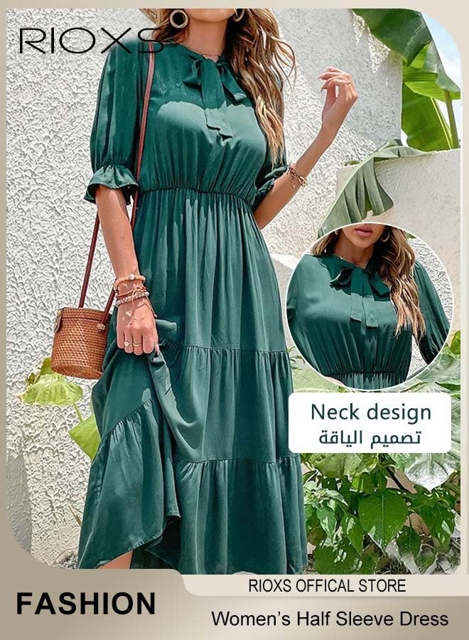 RIOXS Women's Summer Solid Color Holiday Dress Casual Loose Half Sleeve Bow Tie Dress for Party Beach Daily Wear - Image 1