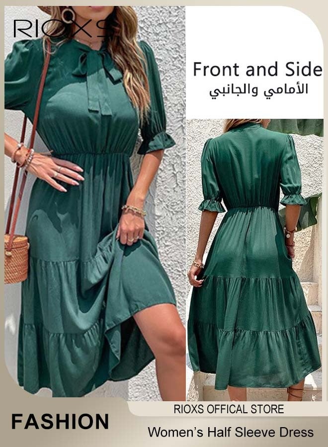 RIOXS Women's Summer Solid Color Holiday Dress Casual Loose Half Sleeve Bow Tie Dress for Party Beach Daily Wear - Image 2