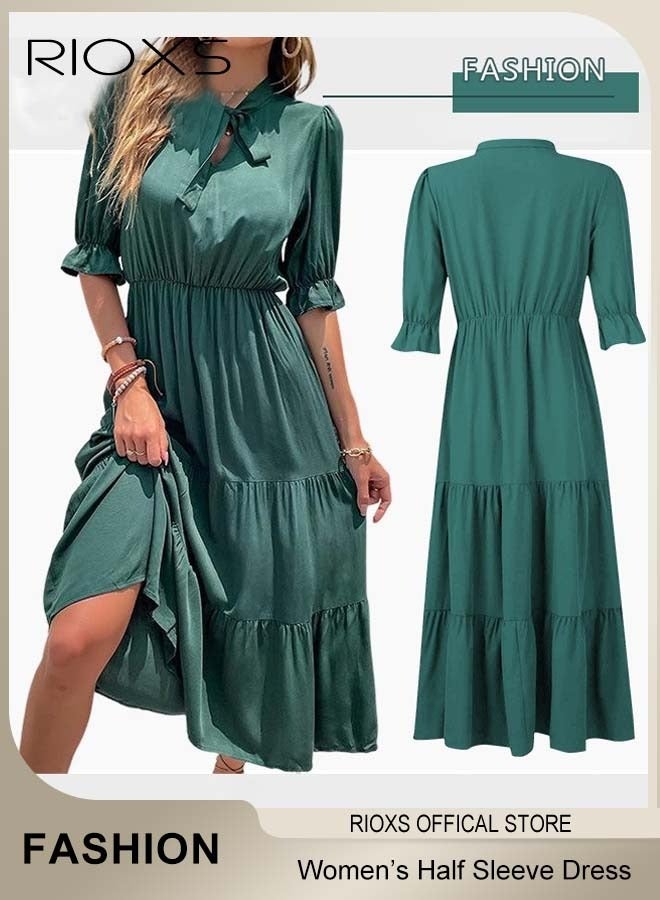 RIOXS Women's Summer Solid Color Holiday Dress Casual Loose Half Sleeve Bow Tie Dress for Party Beach Daily Wear - Image 3