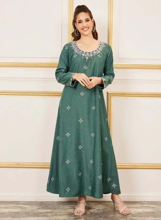 Styli Styli Cotton Beaded Detail Printed Jalabiya