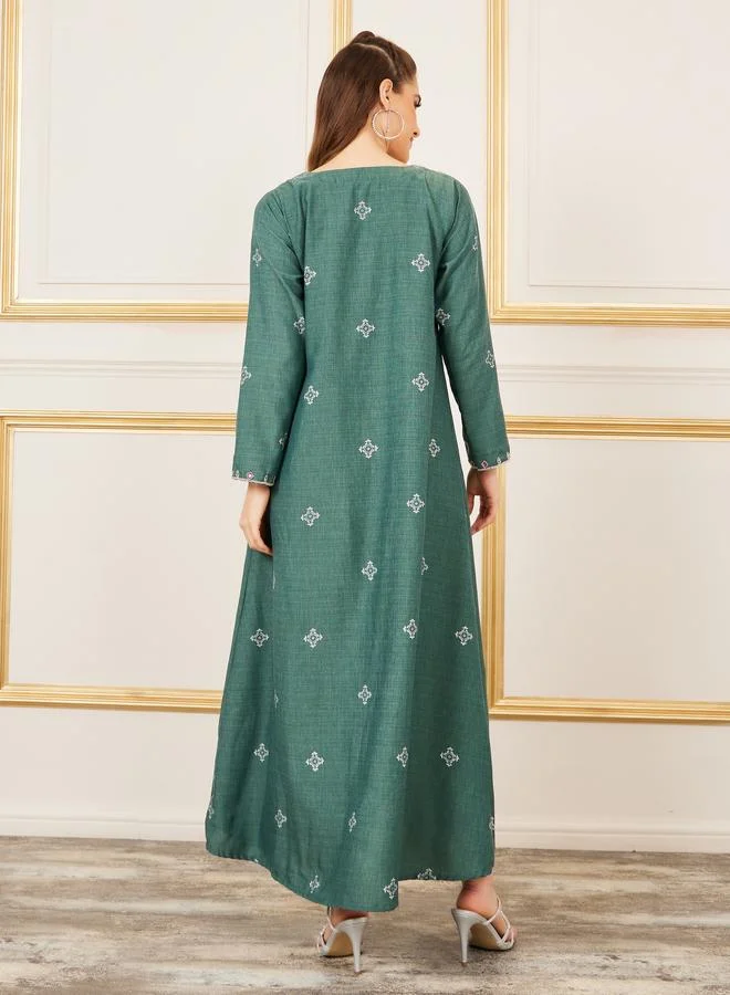 Styli Styli Cotton Beaded Detail Printed Jalabiya