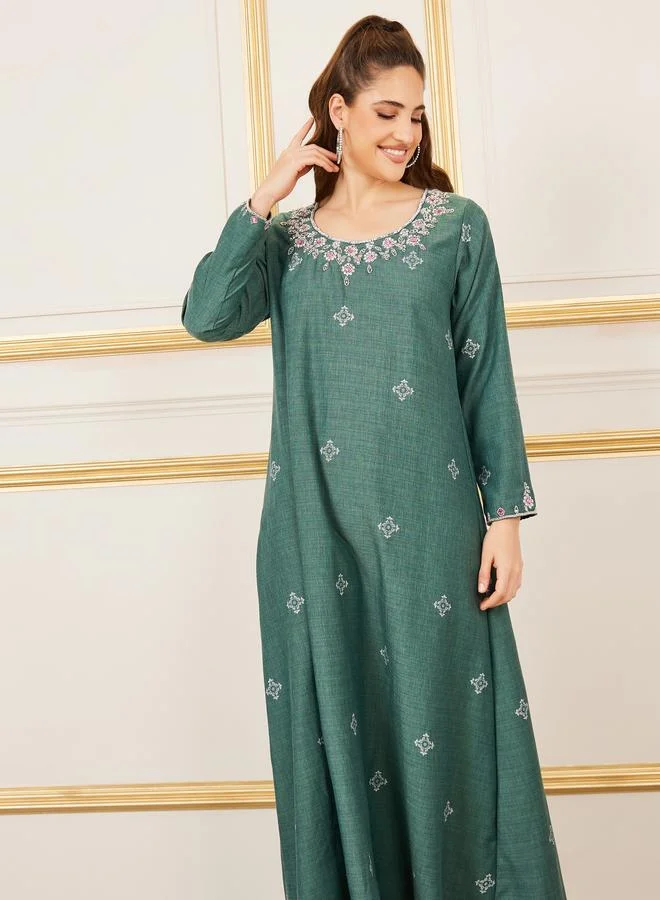 Styli Styli Cotton Beaded Detail Printed Jalabiya
