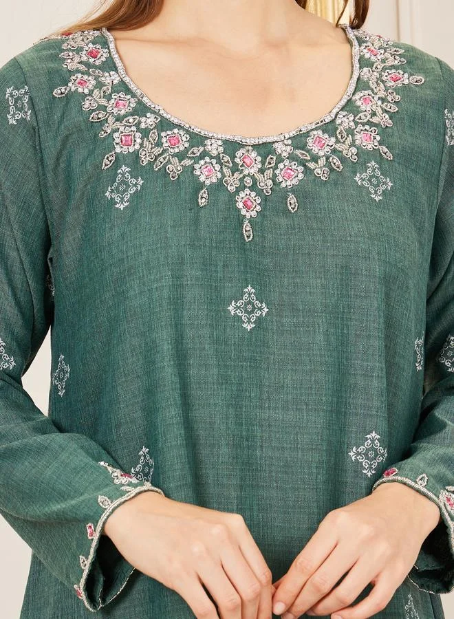 Styli Styli Cotton Beaded Detail Printed Jalabiya