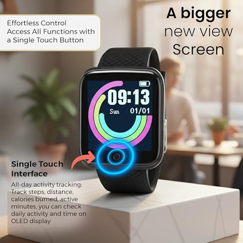 Bouncefit D20 Y68 Fitness Band Smart Watch for Men, Women, Boys, Girls, Kids – Single Touch Interface, Water Resistant, Workout Modes, Quick Charge Sports Smartwatch – O Black - Image 5