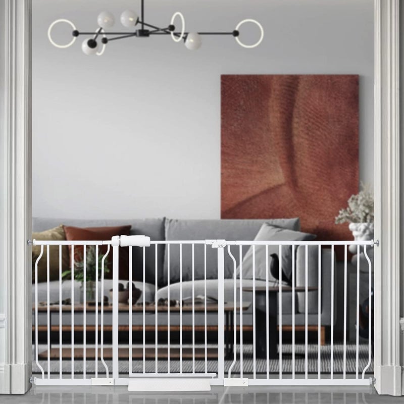 BELABB BELABB Extra Wide Baby Gate Tension Indoor Safety Gates White Metal Large Pet Gate Pressure Mounted Walk Through Long Dog Gate for The House Doorways Stairs 716 Inch763 Inch182cm194cm White 