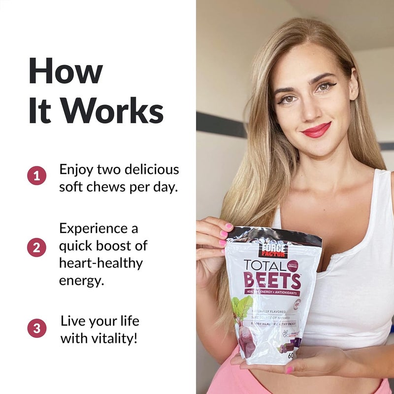Force Factor مكمل الطاقة الصحي من فورس فاكتور توتال بيتس - مضغ ناعم مع نترات الشمندر، إل سيترولين، مستخلص بذور العنب ومضادات الأكسدة - غذاء خارق لصحة القلب - 60 مضغية - Image 4