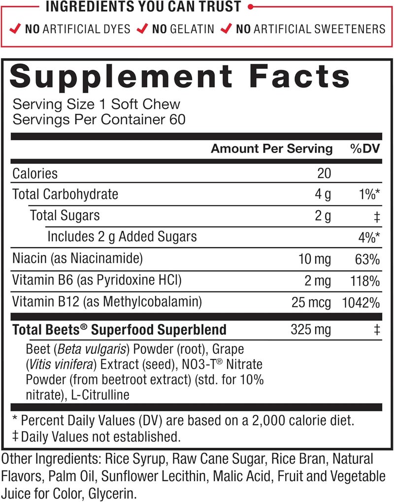 Force Factor مكمل الطاقة الصحي من فورس فاكتور توتال بيتس - مضغ ناعم مع نترات الشمندر، إل سيترولين، مستخلص بذور العنب ومضادات الأكسدة - غذاء خارق لصحة القلب - 60 مضغية - Image 5