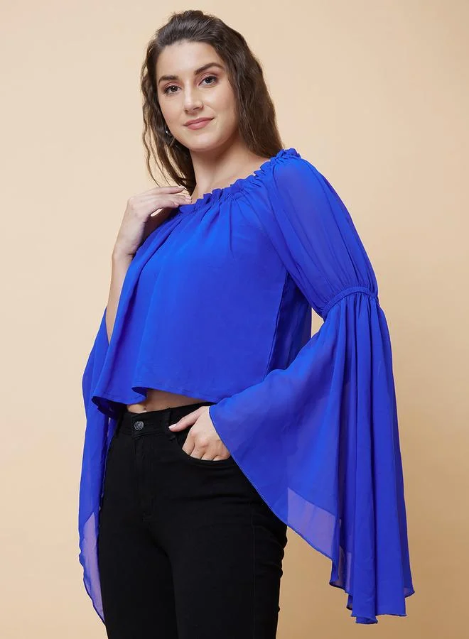 globus Globus Solid Bell Sleeves Gathered Square Neck Top