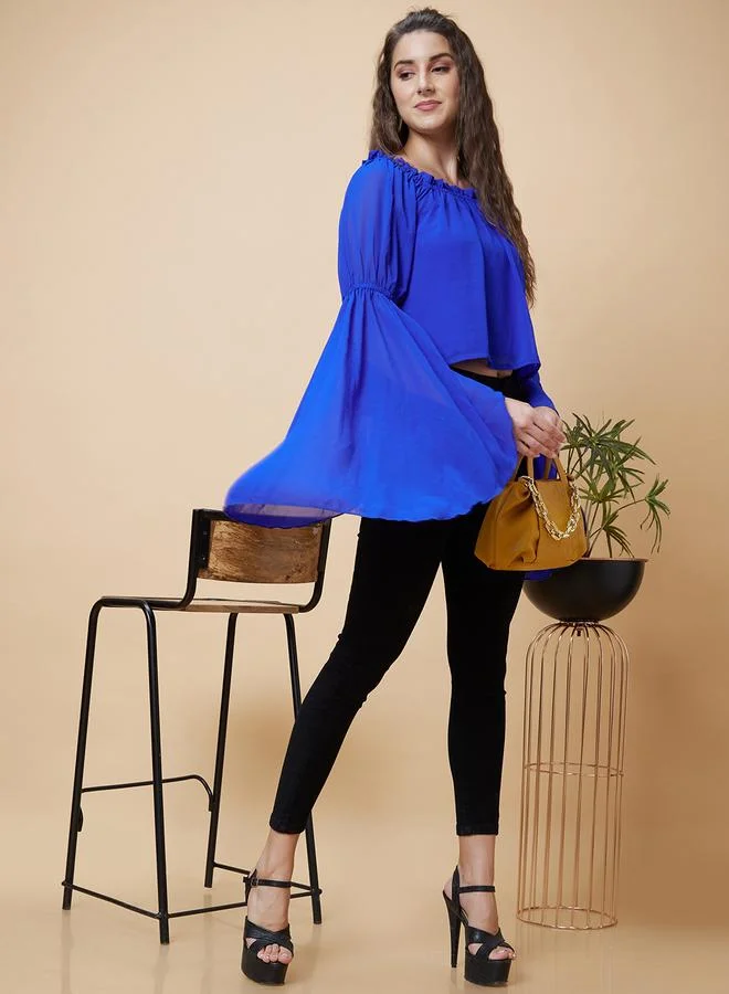 globus Globus Solid Bell Sleeves Gathered Square Neck Top