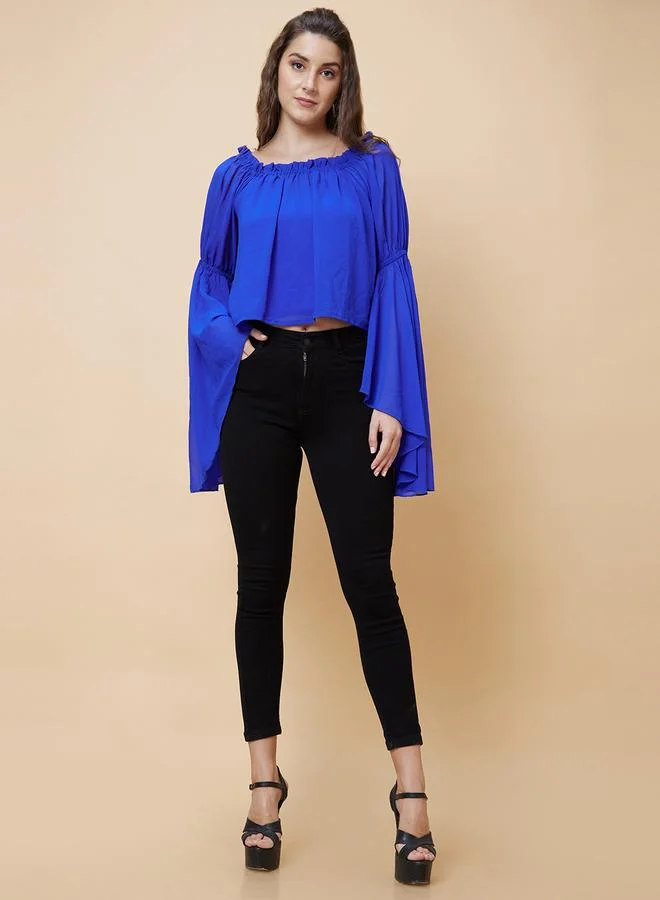 globus Globus Solid Bell Sleeves Gathered Square Neck Top