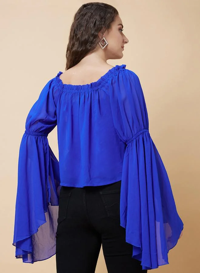 globus Globus Solid Bell Sleeves Gathered Square Neck Top