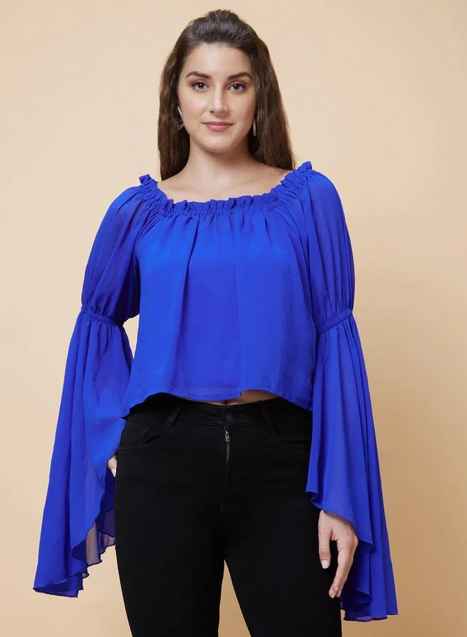 globus Globus Solid Bell Sleeves Gathered Square Neck Top
