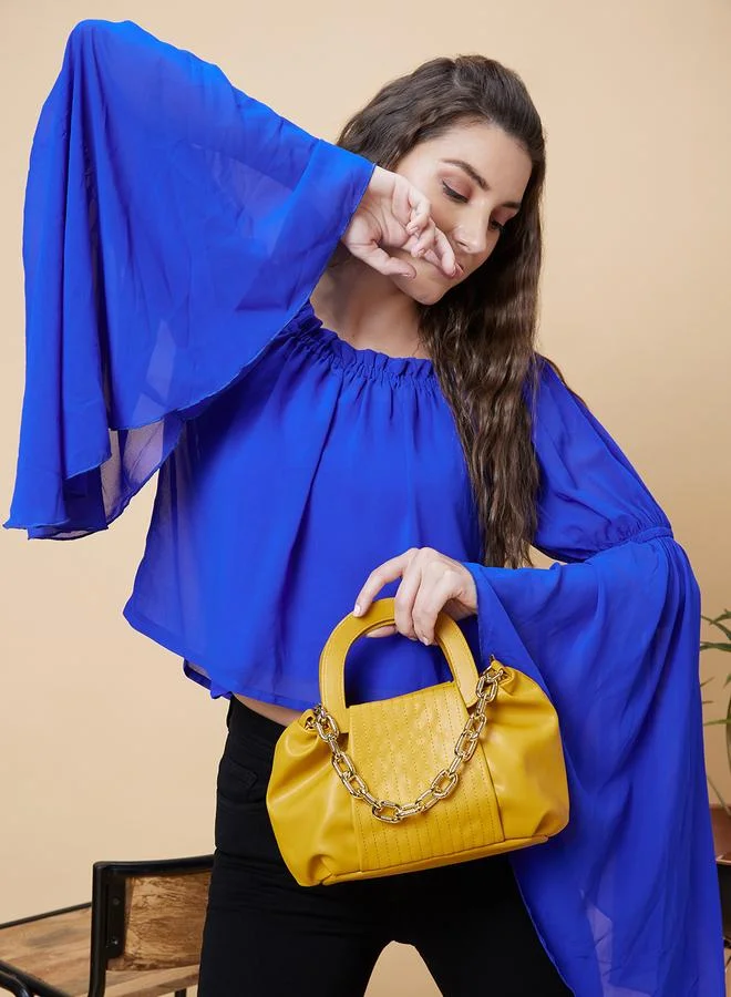 globus Globus Solid Bell Sleeves Gathered Square Neck Top