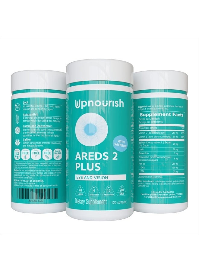 UpNourish AREDS 2+ - Advanced Eye Vitamin Supplement for Macular Health and Dry Eye - Lutein, Zeaxanthin, Saffron, Astaxanthin & DHA - Supports Eye Strain, Pressure, Night Vision - 120 softgels  - Image 1