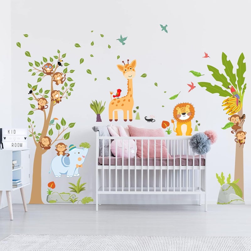 AnFigure Jungle Animal Wall Stickers Giraffe Elephant Lion Wall Decals Forest Monkey Tree Wall Stickers for Kids Girls Boy Baby Room Nursery Playroom Daycare Bedroom Kindergarten Wall Decor - Image 3