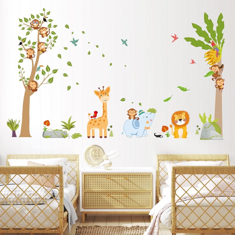 AnFigure Jungle Animal Wall Stickers Giraffe Elephant Lion Wall Decals Forest Monkey Tree Wall Stickers for Kids Girls Boy Baby Room Nursery Playroom Daycare Bedroom Kindergarten Wall Decor - Image 2