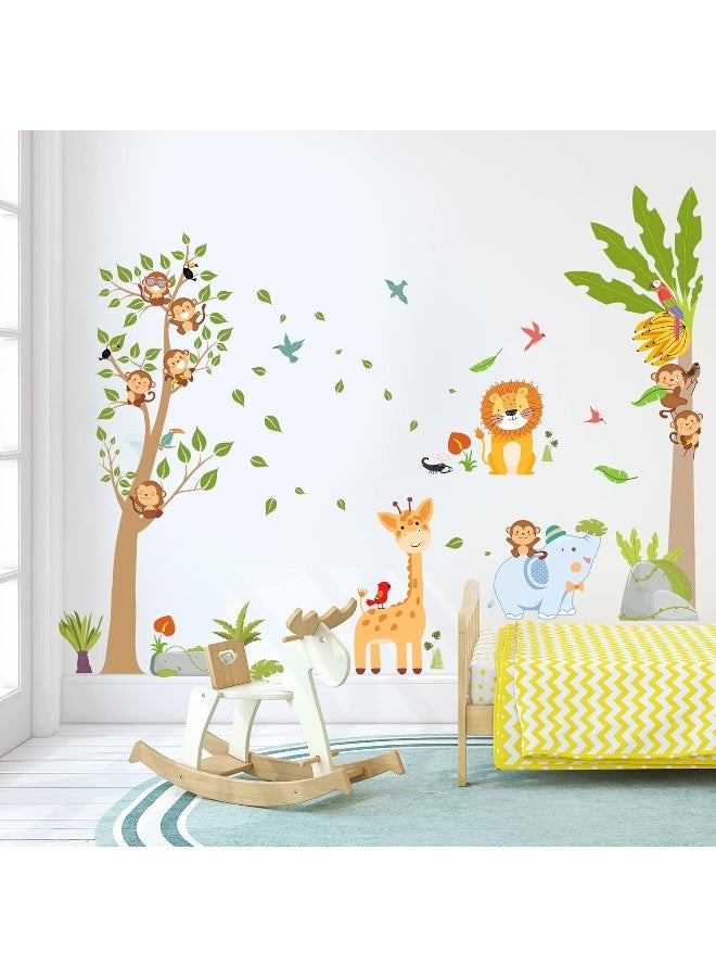 AnFigure Jungle Animal Wall Stickers Giraffe Elephant Lion Wall Decals Forest Monkey Tree Wall Stickers for Kids Girls Boy Baby Room Nursery Playroom Daycare Bedroom Kindergarten Wall Decor - Image 1