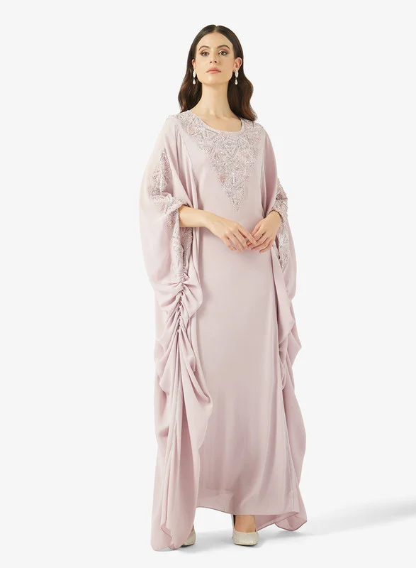 AINA Embroidered Round-Neck Jalabiya with Ruched Details