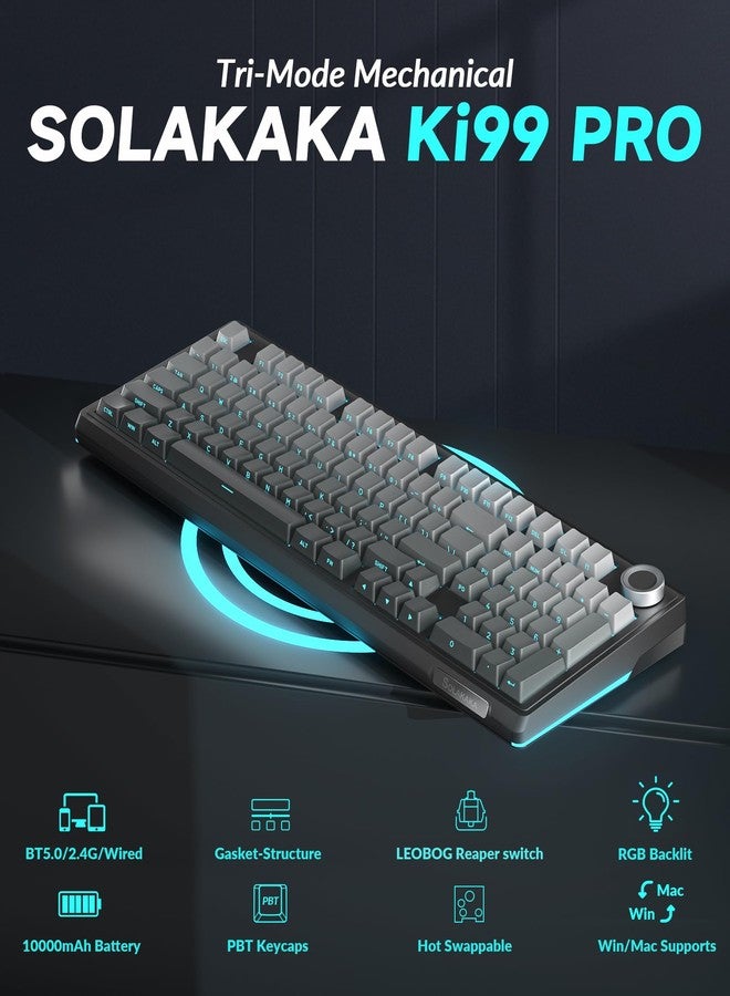 SOLAKAKA لوحة مفاتيح SOLAKAKA KI99 Pro 96% اللاسلكية الميكانيكية، لوحة مفاتيح ألعاب RGB، مفاتيح قابلة للاستبدال السريع ومزيتة مسبقًا، لوحات مفاتيح كريمية ذات هيكل مانع للتسرب (متدرج اللون الأسود، إصدار غير صامت) - Image 2