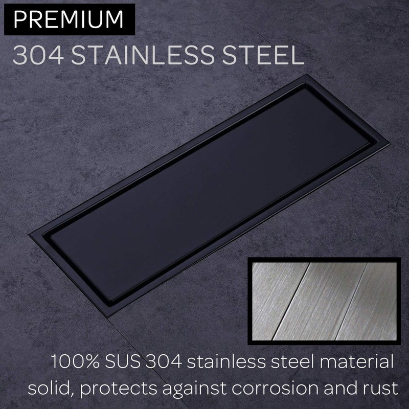 Orhemus 304 Stainless Steel Linear Shower Floor Drain With Tile Insert Grate Removable Cover 12 Inch Long Rectangle Matte Black Plated Finish - Image 3