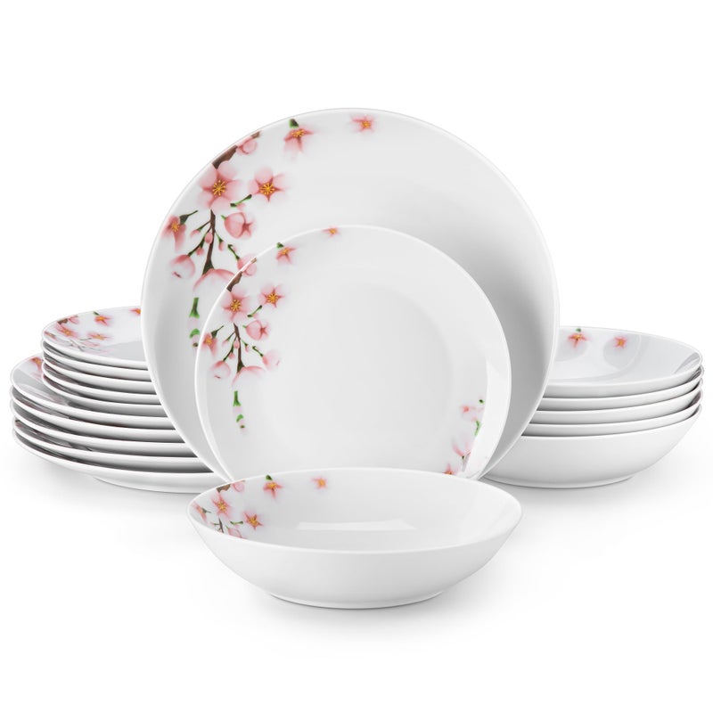 VEWEET 18 Pieces Dinnerware Sets for 6, Porcelain Plates and Bowls Set with Pink Floral, Classic Dishes Set Dining Ware for Dinner, Microwave and Dishwasher Safe, Series ANNIE - Image 1