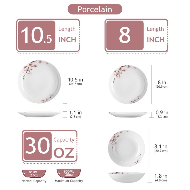VEWEET 18 Pieces Dinnerware Sets for 6, Porcelain Plates and Bowls Set with Pink Floral, Classic Dishes Set Dining Ware for Dinner, Microwave and Dishwasher Safe, Series ANNIE - Image 2