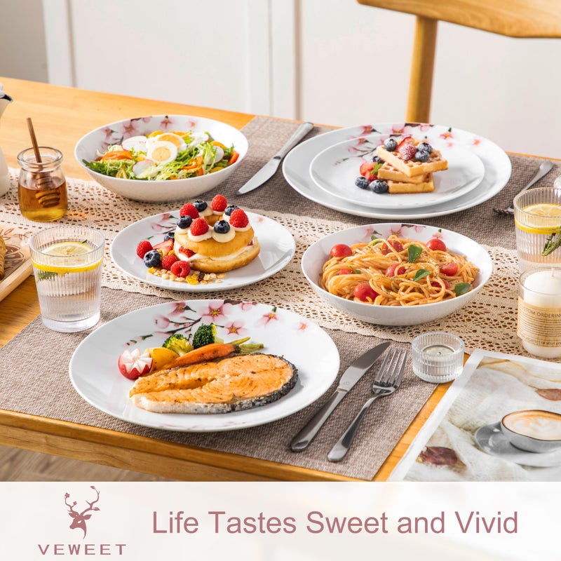 VEWEET 18 Pieces Dinnerware Sets for 6, Porcelain Plates and Bowls Set with Pink Floral, Classic Dishes Set Dining Ware for Dinner, Microwave and Dishwasher Safe, Series ANNIE - Image 3