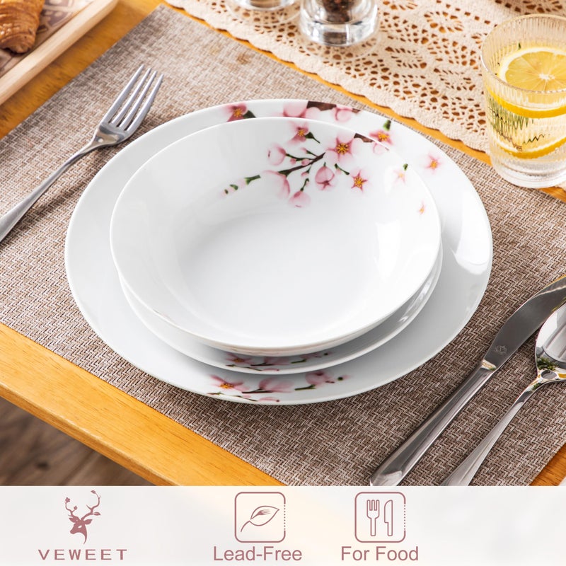 VEWEET 18 Pieces Dinnerware Sets for 6, Porcelain Plates and Bowls Set with Pink Floral, Classic Dishes Set Dining Ware for Dinner, Microwave and Dishwasher Safe, Series ANNIE - Image 4