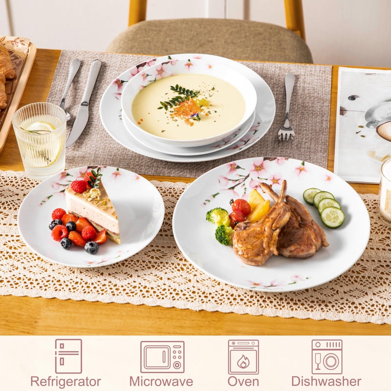 VEWEET 18 Pieces Dinnerware Sets for 6, Porcelain Plates and Bowls Set with Pink Floral, Classic Dishes Set Dining Ware for Dinner, Microwave and Dishwasher Safe, Series ANNIE - Image 5