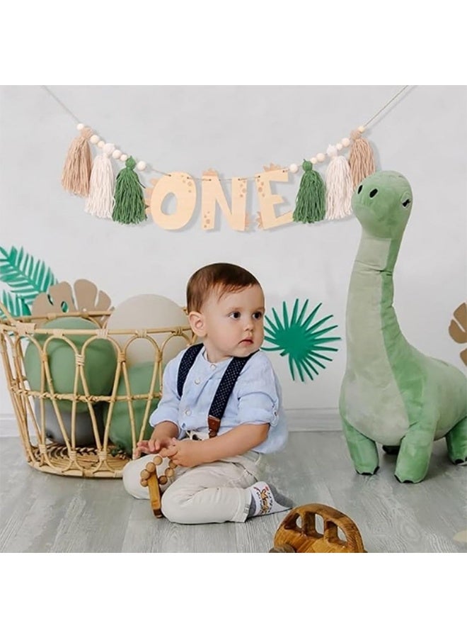 ليمون لافتة كرسي طعام للأطفال على شكل ديناصور، زينة عيد ميلاد أول للأولاد على شكل ديناصور، لافتة خشبية بشراشيب لكرسي طعام للأطفال، ديكور عيد ميلاد أول للأولاد (أخضر) - Image 5