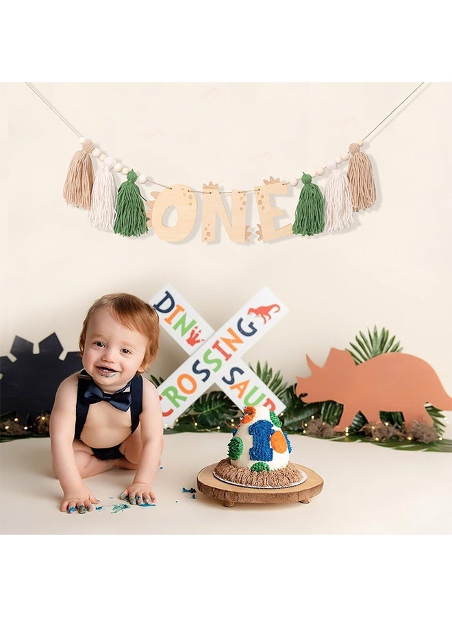 ليمون لافتة كرسي طعام للأطفال على شكل ديناصور، زينة عيد ميلاد أول للأولاد على شكل ديناصور، لافتة خشبية بشراشيب لكرسي طعام للأطفال، ديكور عيد ميلاد أول للأولاد (أخضر) - Image 2