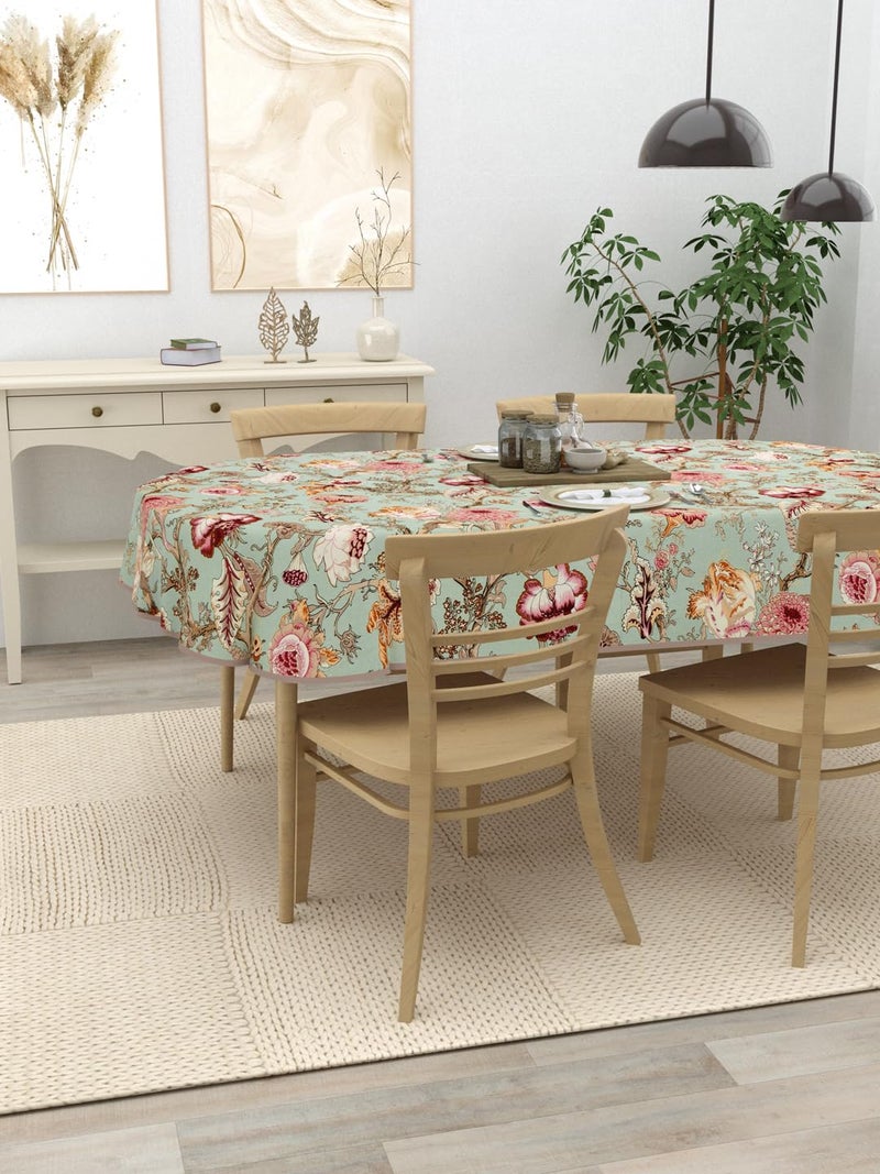 Clasiko 4 Seater Oval Dining Table Cover 54x78 Inches Material Cotton Multicolor Flowers On Green - Image 2