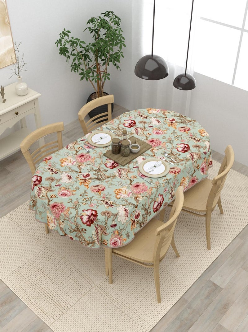 Clasiko 4 Seater Oval Dining Table Cover 54x78 Inches Material Cotton Multicolor Flowers On Green - Image 1
