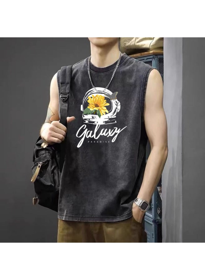 American High Street Retro Washed Distressed Sport Tank Top Trendy Brand Sleeveless T-shirt Loose Casual Fitness Short Sleeve