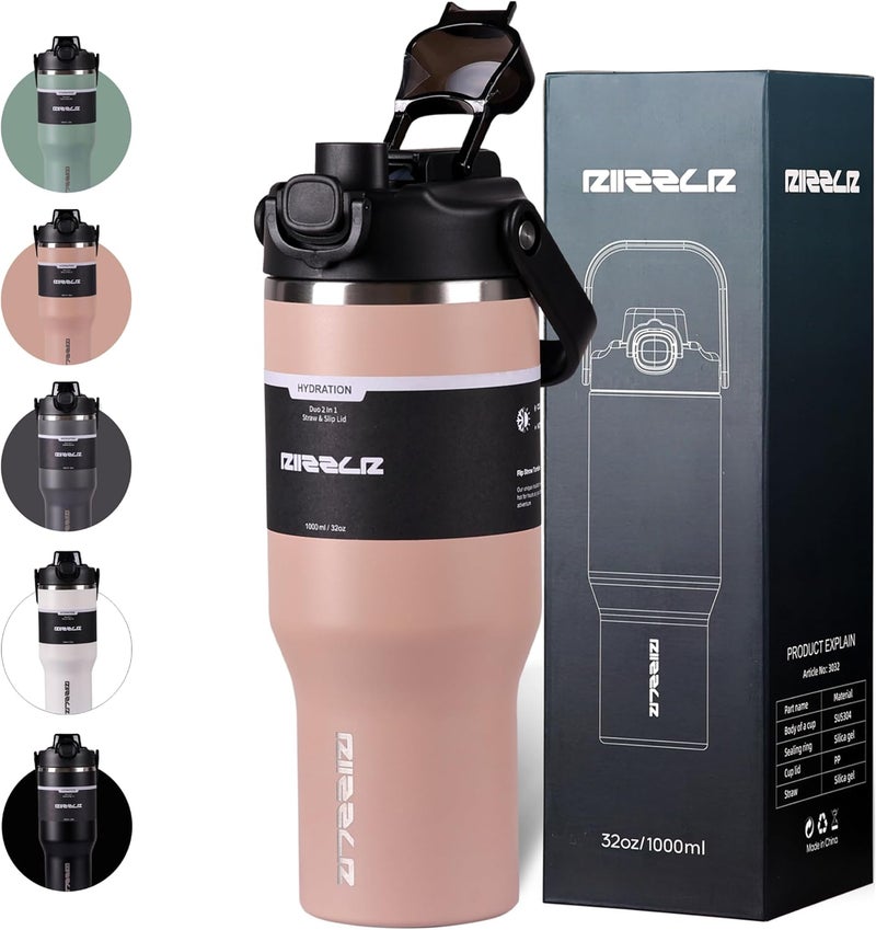 Riizzlr 1000ml Insulated Water Bottle Tumbler with 2-in-1 Straw & Sip Lid – Stainless Steel Vacuum Flask, Double Wall, BPA-Free, Leakproof, Wide Mouth, Keeps Drinks Hot 12H / Cold 24H (Dusty Pink) - Image 1