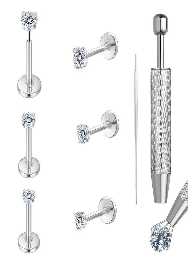 VOJO 3 Pairs Moissanite & Titanium Flat back Earrings, 20G Threadless Labret Stud for Women, Tragus Cartilage Nose Piercing Jewelry, Hypoallergenic Body Earrings (White Gold) - Image 1